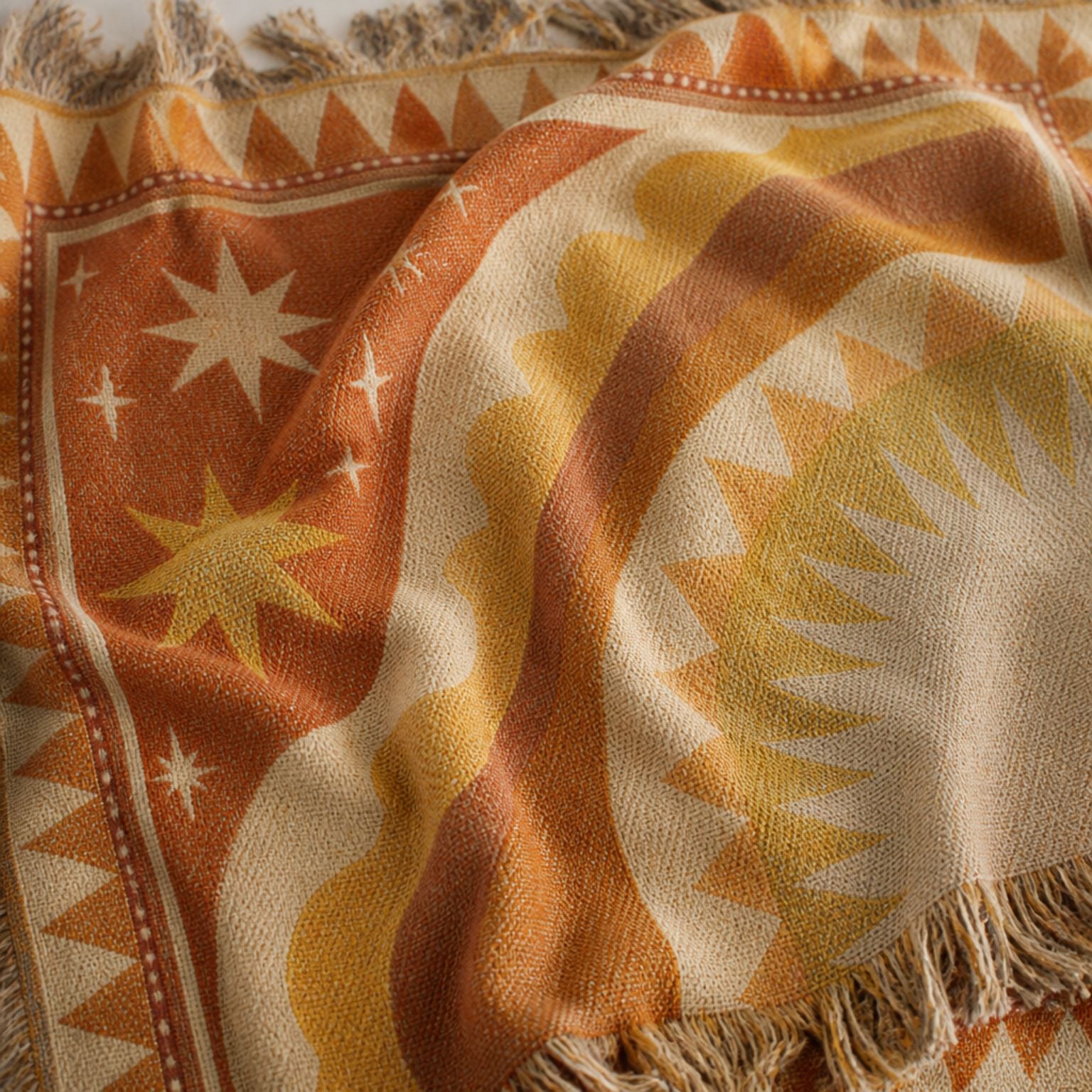 Horizon jacquard woven throw rug — fringed corner detail | Solara Covers