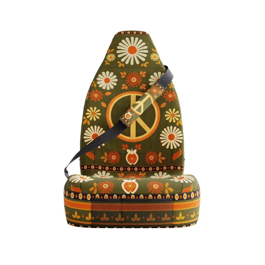 Woodstock padded seat belt covers — daisy and peace sign pattern detail | Solara