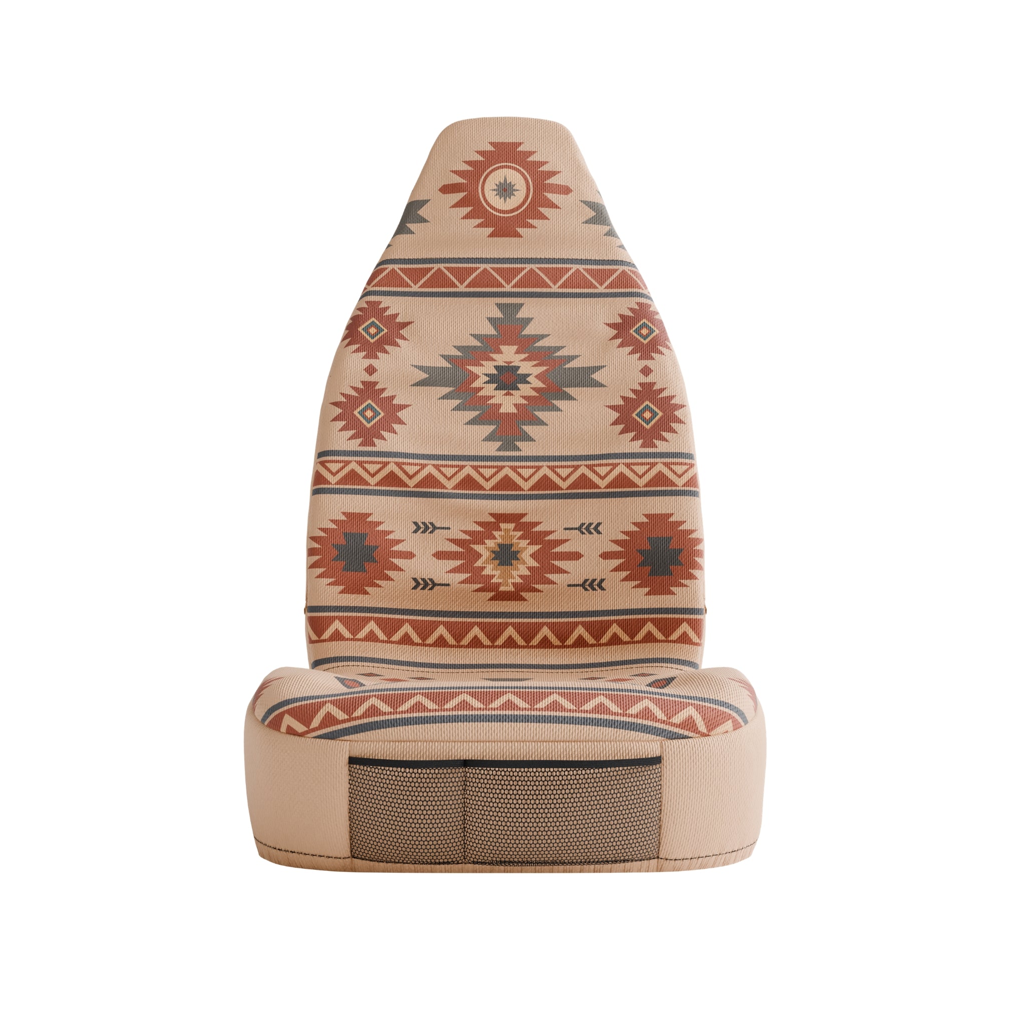 Indigo seat cover detail - close-up of beige &amp; blue Aztec pattern | Solara