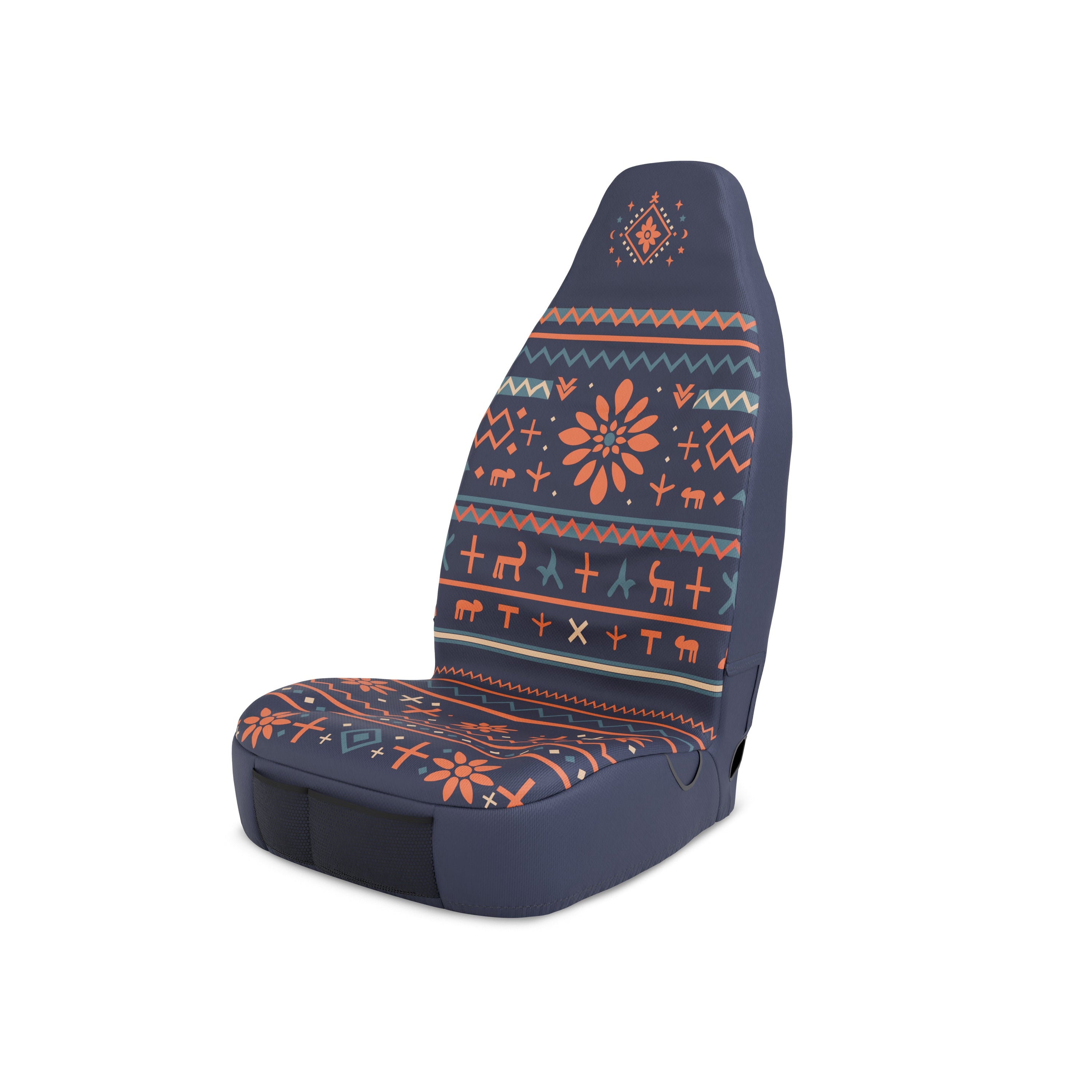 Solara Mana Folk Print universal seat cover - navy with deer motifs side view