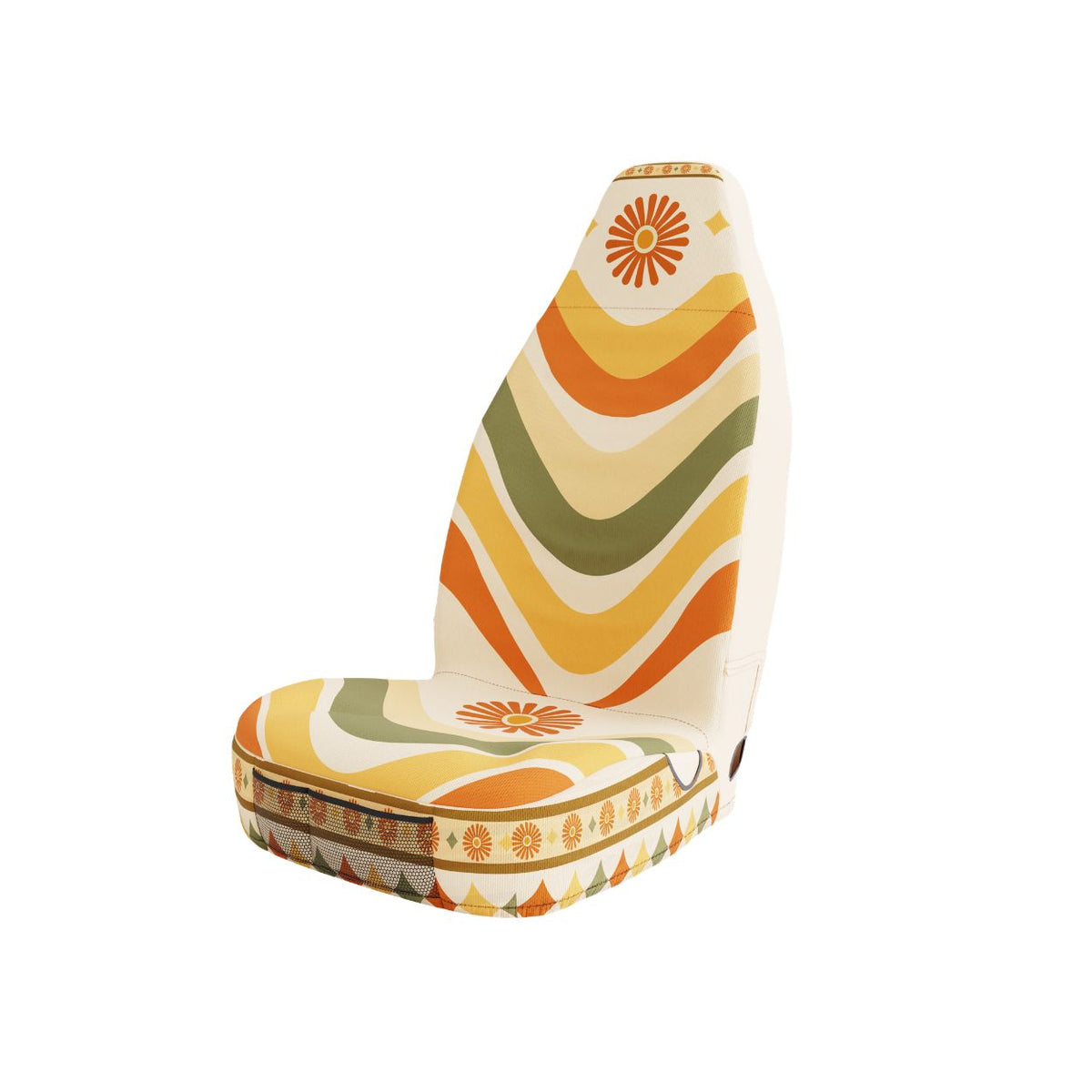 Solara Ripple universal seat cover — tangerine and olive waves, side view
