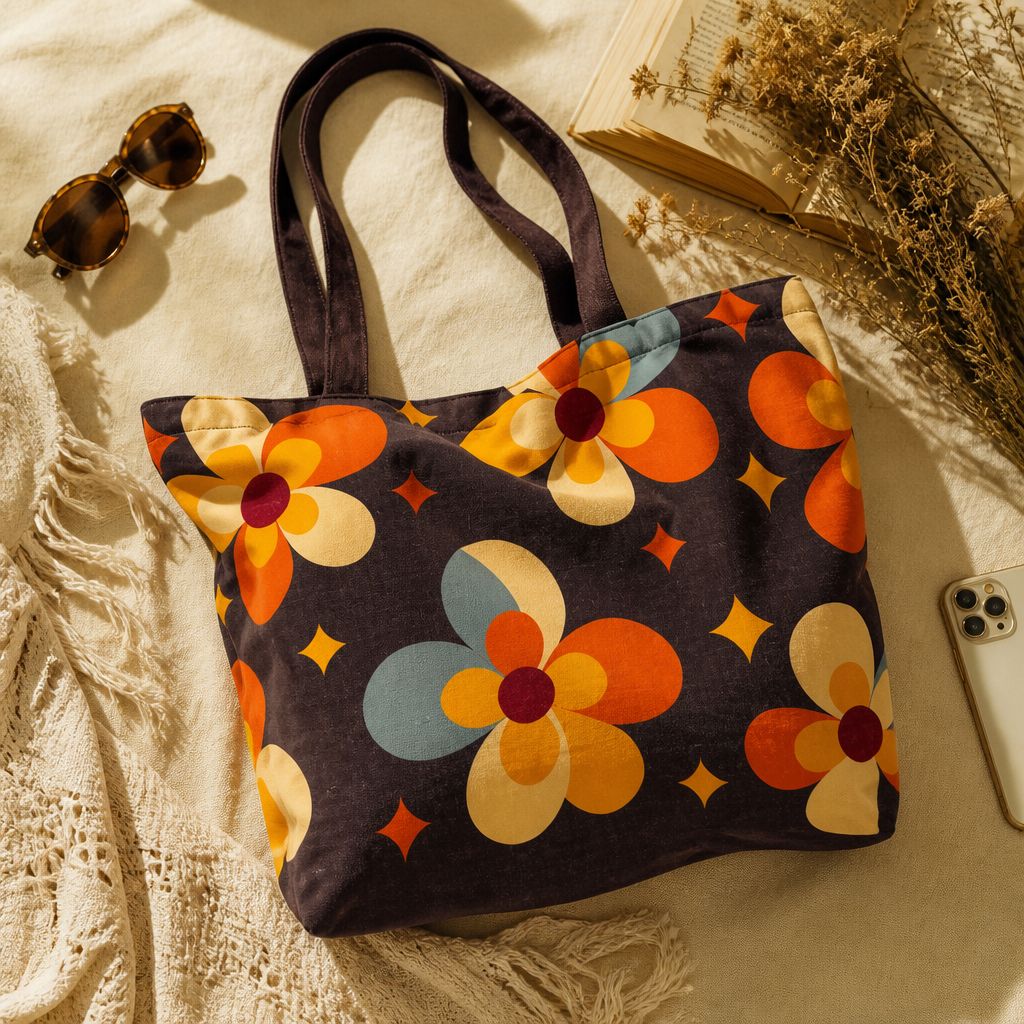 Cosmos tote bag side view, orange daisies and four-point stars on black canvas