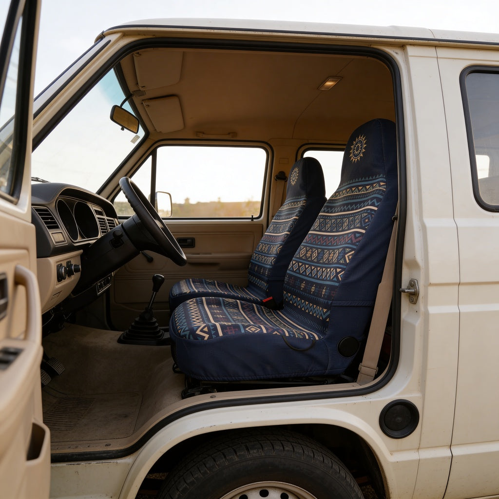 Solara Lima Aztec universal seat cover - navy &amp; orange close-up