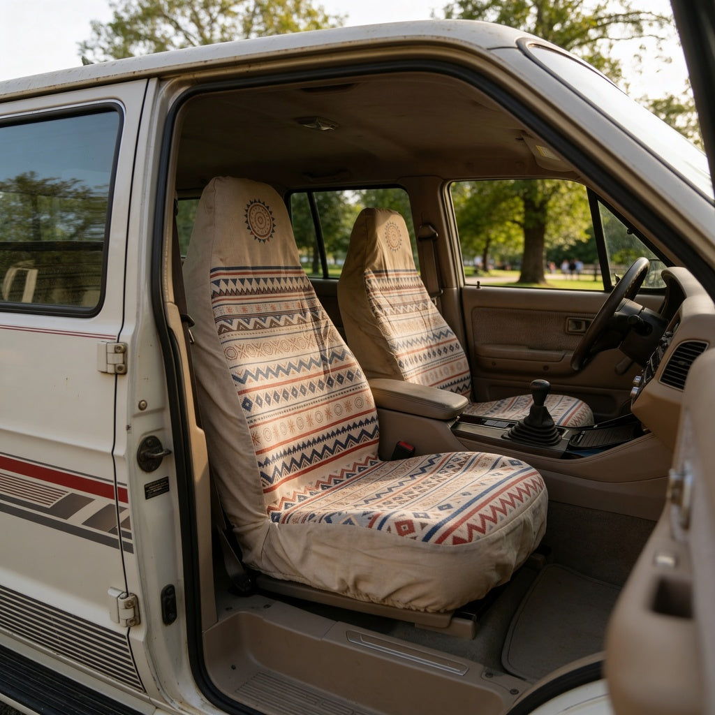 Solara Aria Aztec universal seat cover - cream &amp; red lifestyle shot