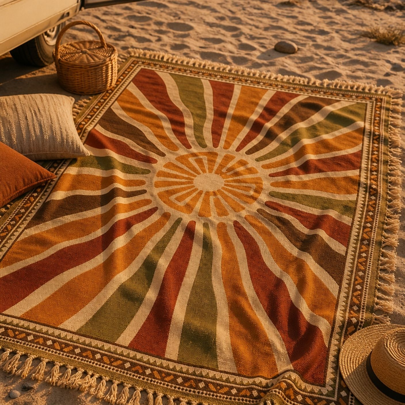 Halo jacquard woven throw rug — boho sunburst pattern detail | Solara Covers
