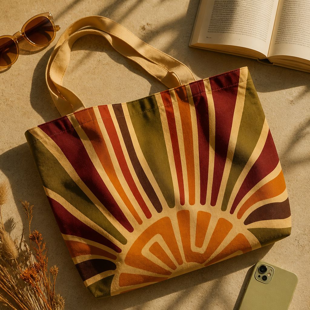 Halo tote bag side view, yellow and orange sunburst rays on cotton canvas