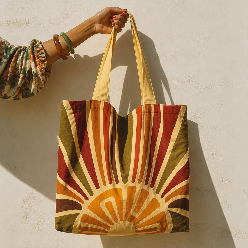Halo tote bag in cotton canvas with a single sunburst in yellow, ochre, burnt orange, and olive