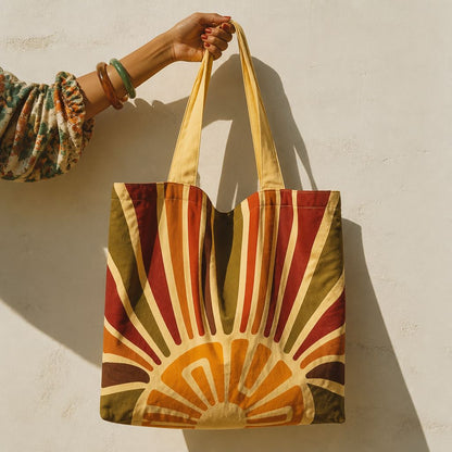 Halo tote bag in cotton canvas with a single sunburst in yellow, ochre, burnt orange, and olive