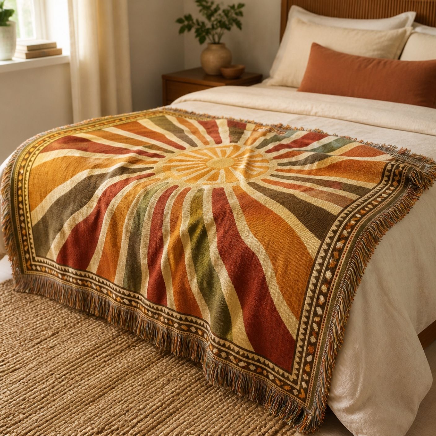 Halo jacquard woven throw rug — boho sunburst rug styled lifestyle shot | Solara Covers