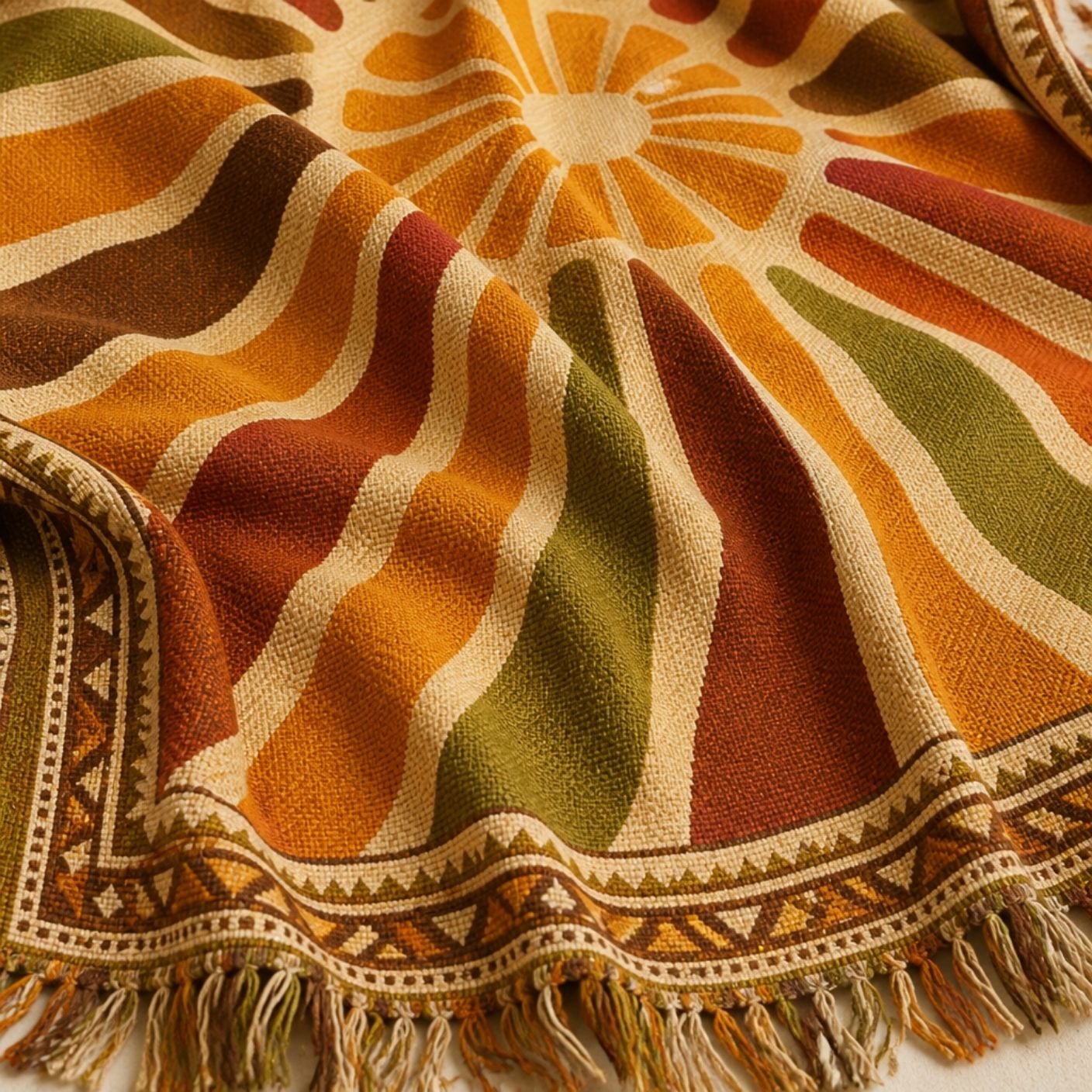 Halo jacquard woven throw rug — rust sunburst print, alternate angle | Solara Covers