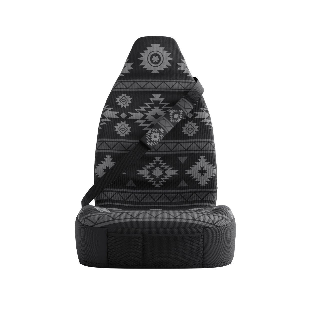 Karma seat belt sleeves styled in vehicle interior — black and grey monochrome padded comfort | Solara Covers