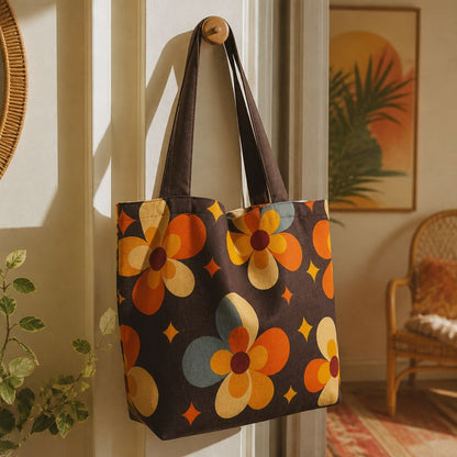 Close-up of Cosmos tote bag fabric — butter-yellow daisies and stars on black