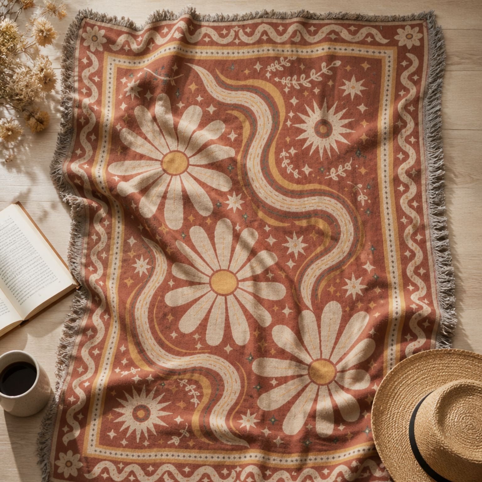 Daisy jacquard woven throw rug — retro 70s daisy rug styled lifestyle shot | Solara Covers