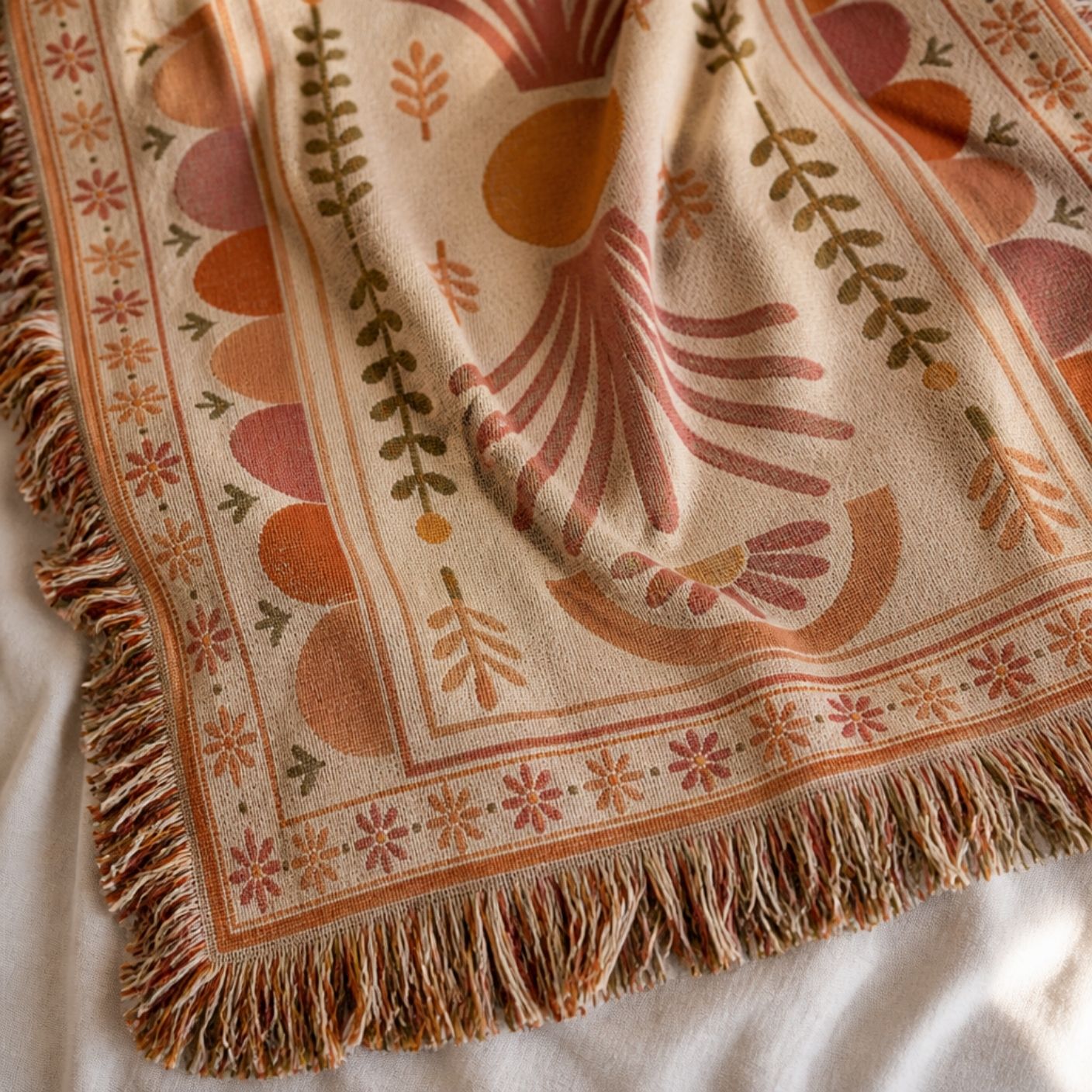 Palmyra jacquard woven throw rug — terracotta palm print, fringe detail | Solara Covers