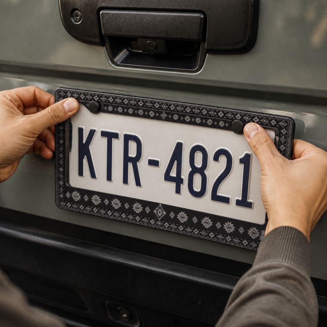 Karma license plate frames — black and grey zinc alloy frame, angle view | Solara