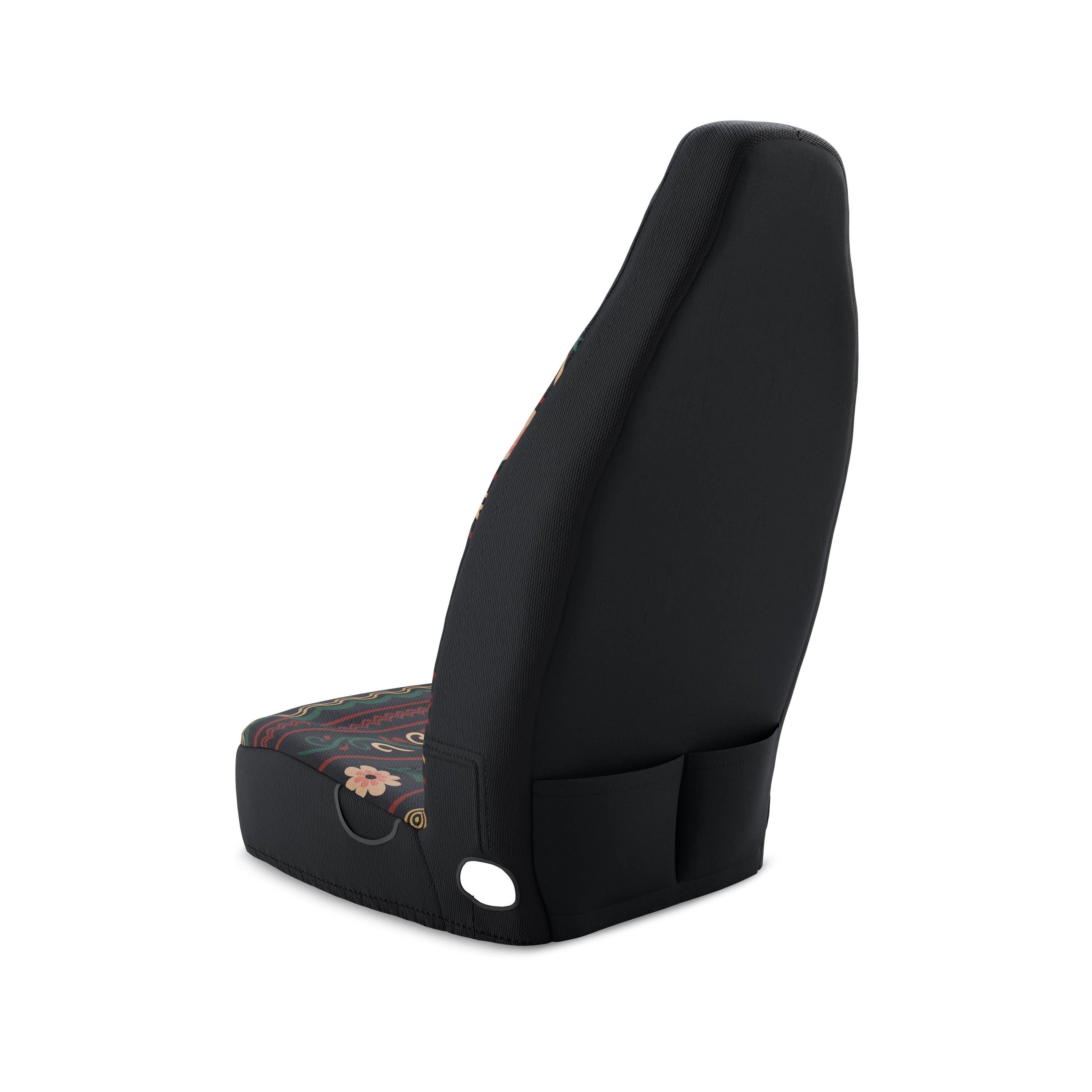 Solara Indira Folk Print universal seat cover - black with floral &amp; deer motifs installed in van interior