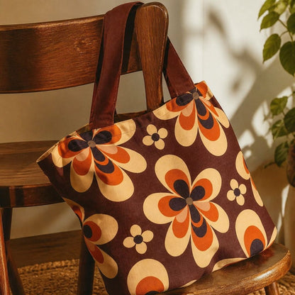 Sedona Solara tote bag held against a sunlit cream wall, desert bloom pattern