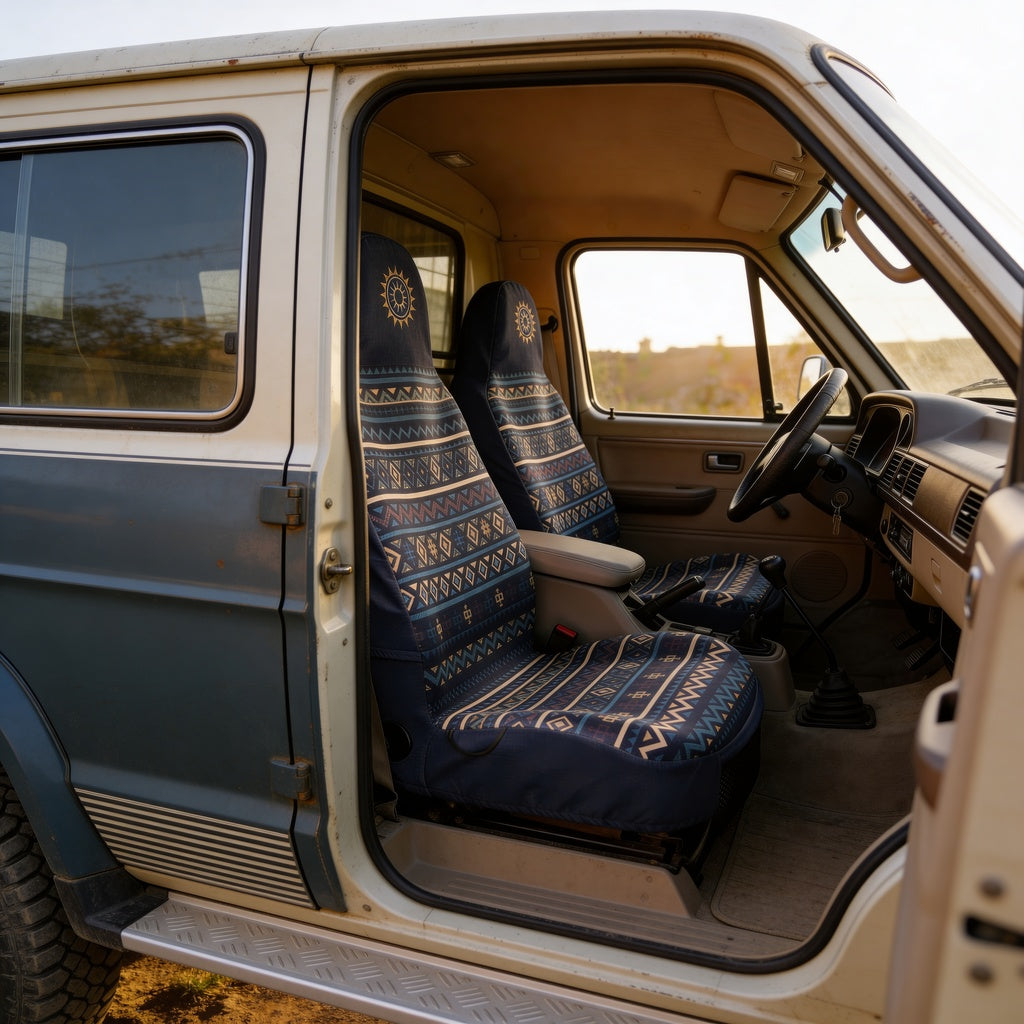 Solara Lima Aztec universal seat cover - navy &amp; orange lifestyle shot