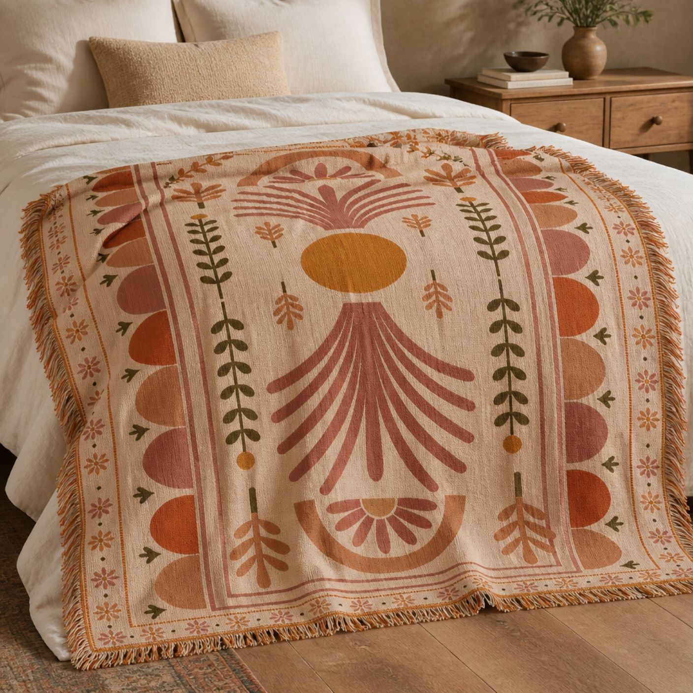 Palmyra jacquard woven throw rug — terracotta palm rug outdoor lifestyle shot | Solara Covers