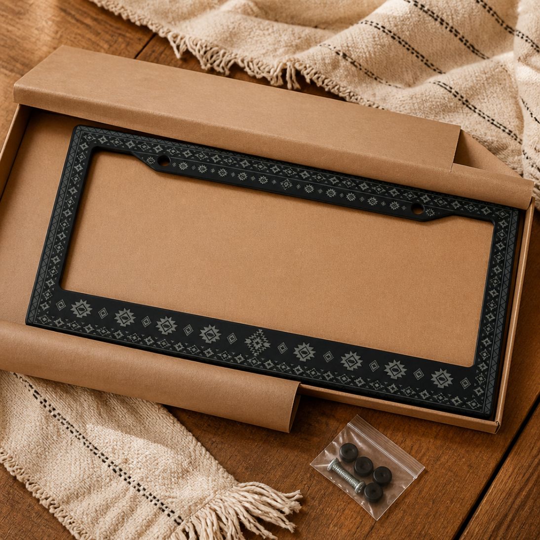 Karma license plate frames — zinc alloy corner detail | Solara