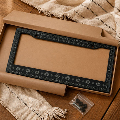 Karma license plate frames — zinc alloy corner detail | Solara