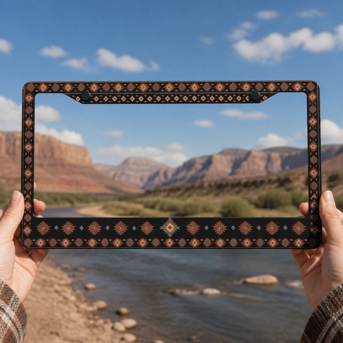 Zara license plate frames — Aztec frame on vehicle, USA &amp; Canada plates | Solara