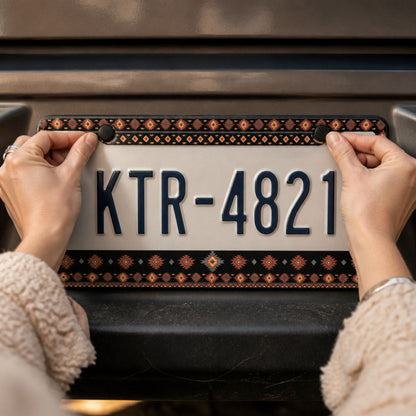 Zara license plate frames — black Aztec zinc alloy frame, angle view | Solara
