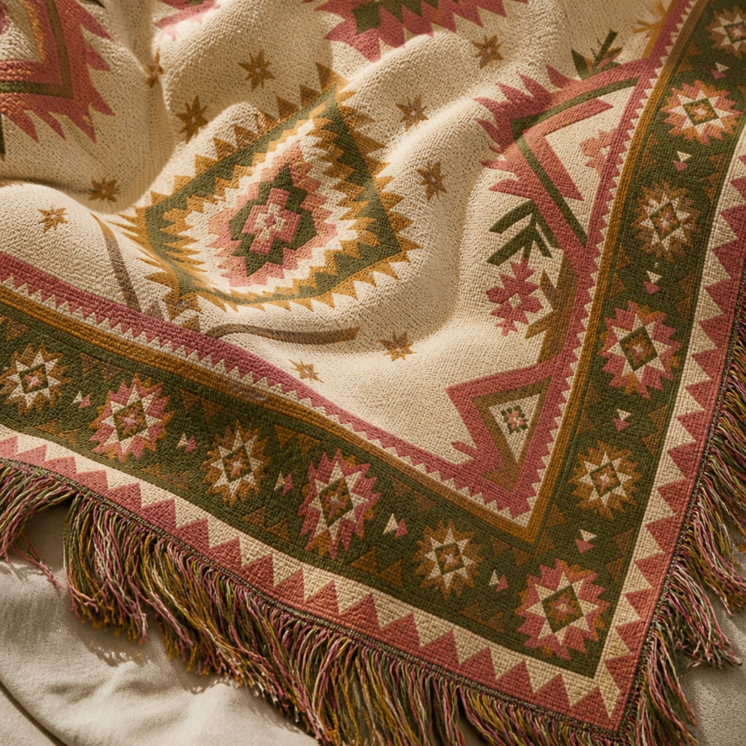 Taos jacquard woven throw rug — rose and olive Aztec print, alternate angle | Solara Covers