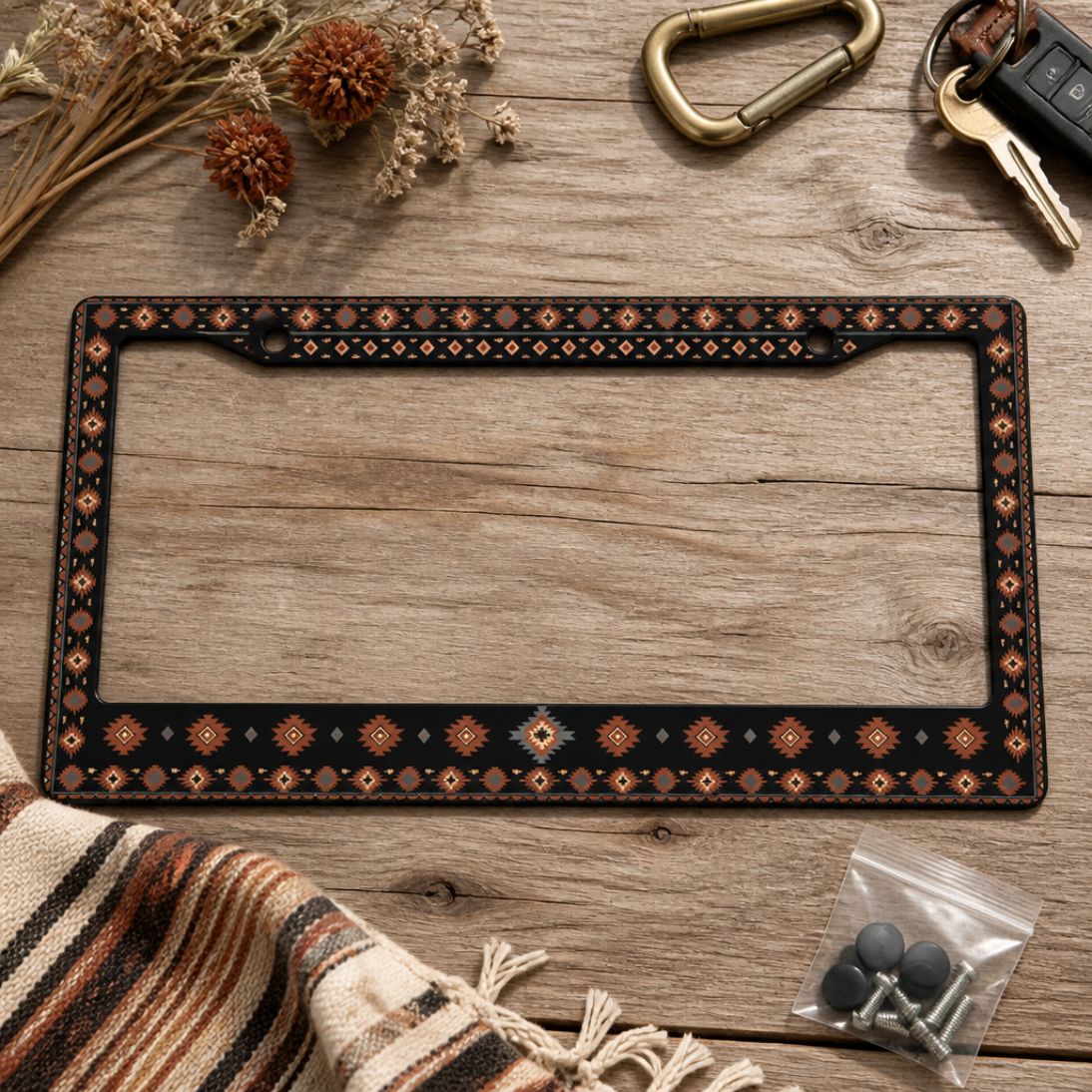 Zara license plate frames — terracotta Aztec pattern close-up | Solara