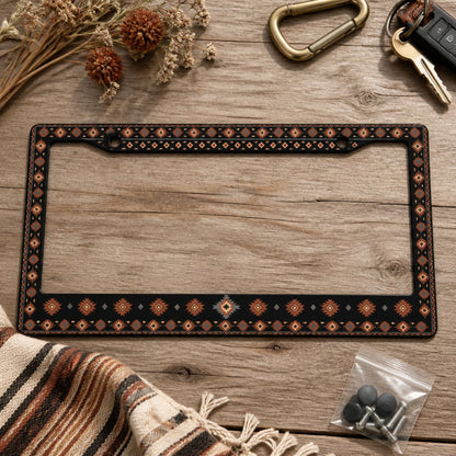 Zara license plate frames — terracotta Aztec pattern close-up | Solara