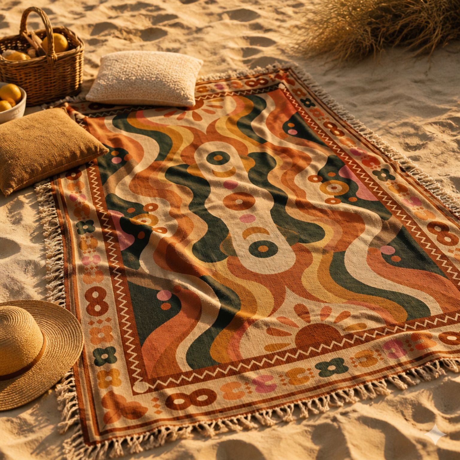 Nirvana jacquard woven throw rug — retro wave pattern detail | Solara Covers