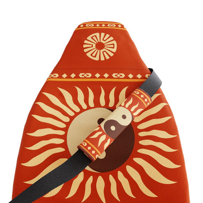 Tao padded seat belt covers (pair) — burnt orange with cream yin-yang sunburst, front view | Solara
