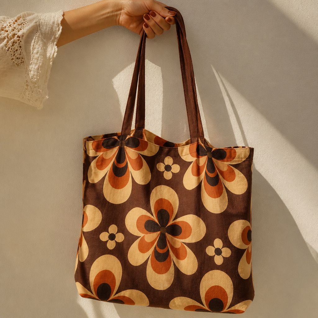 Sedona tote bag in caramel cotton canvas with desert-bloom zigzag stripes in burnt orange and gold