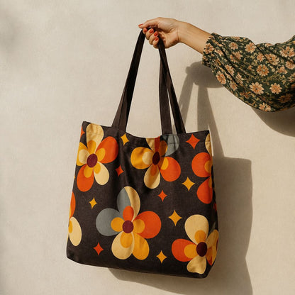 Cosmos tote bag in black cotton canvas with retro orange daisies and sparkle stars