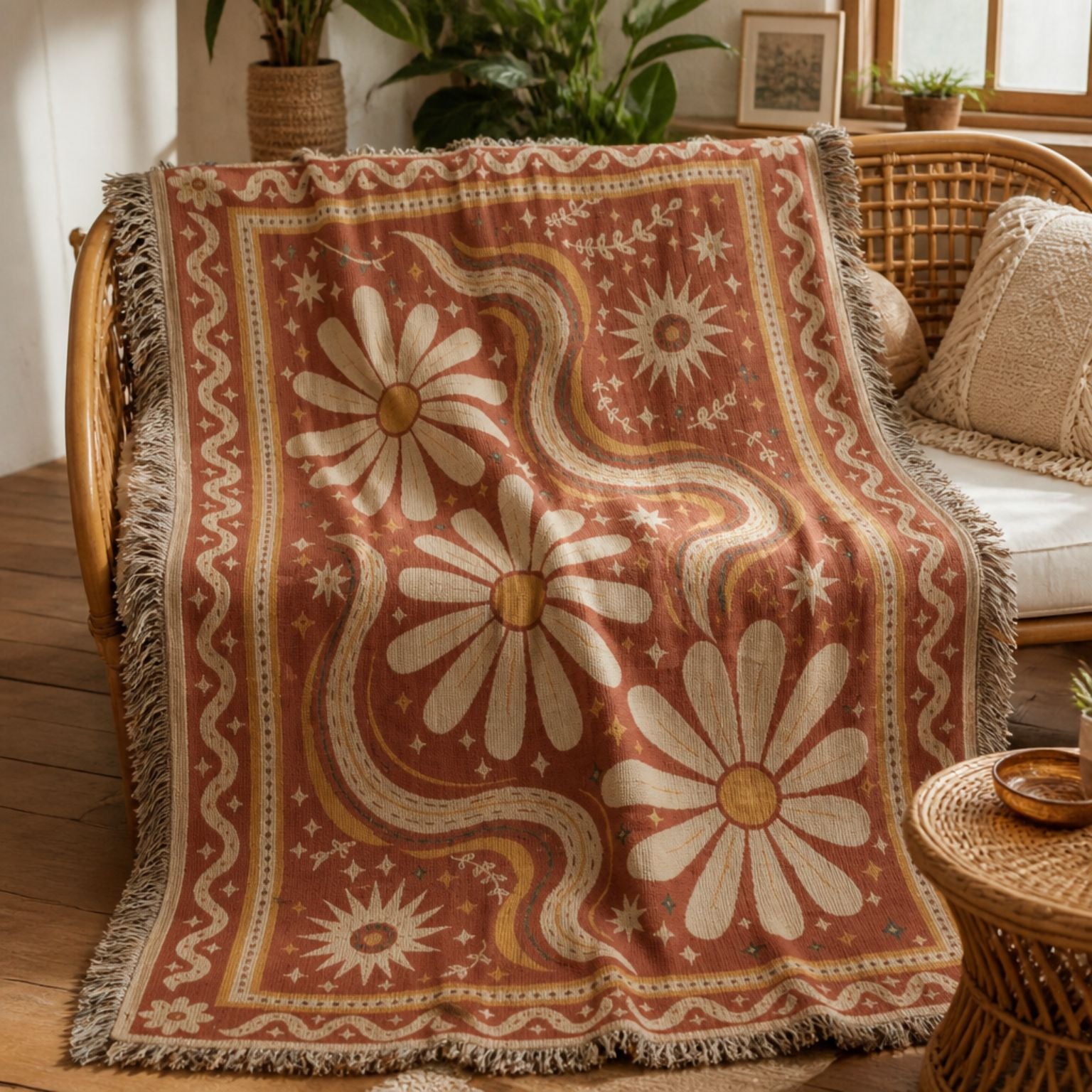 Daisy jacquard woven throw rug — daisy print rug outdoor lifestyle shot | Solara Covers