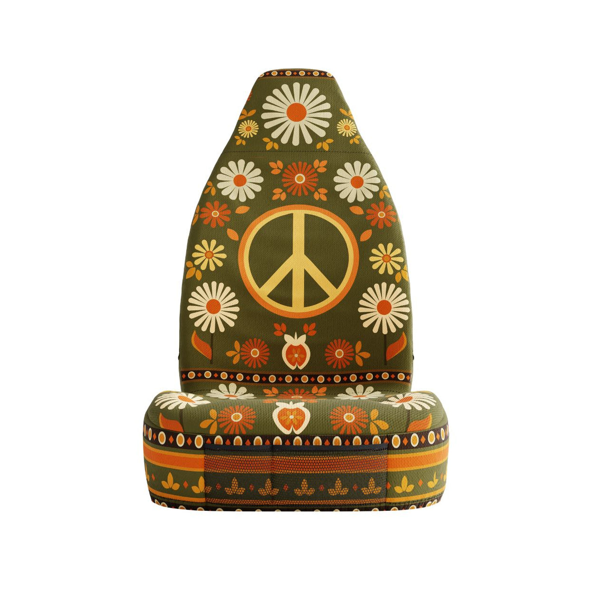 Solara Woodstock universal seat cover — daisy and peace sign pattern detail