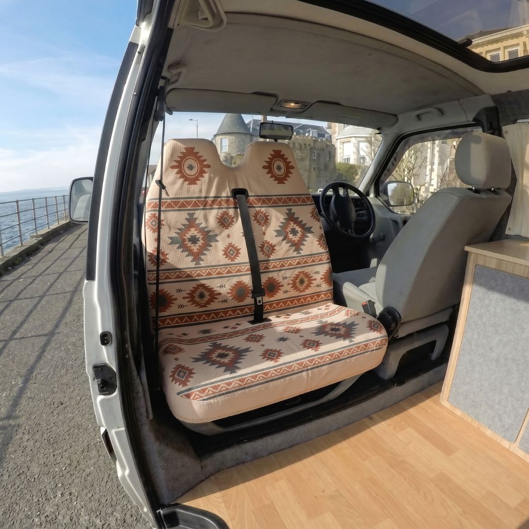 Solara Indigo Aztec double front seat cover - beige &amp; blue lifestyle shot