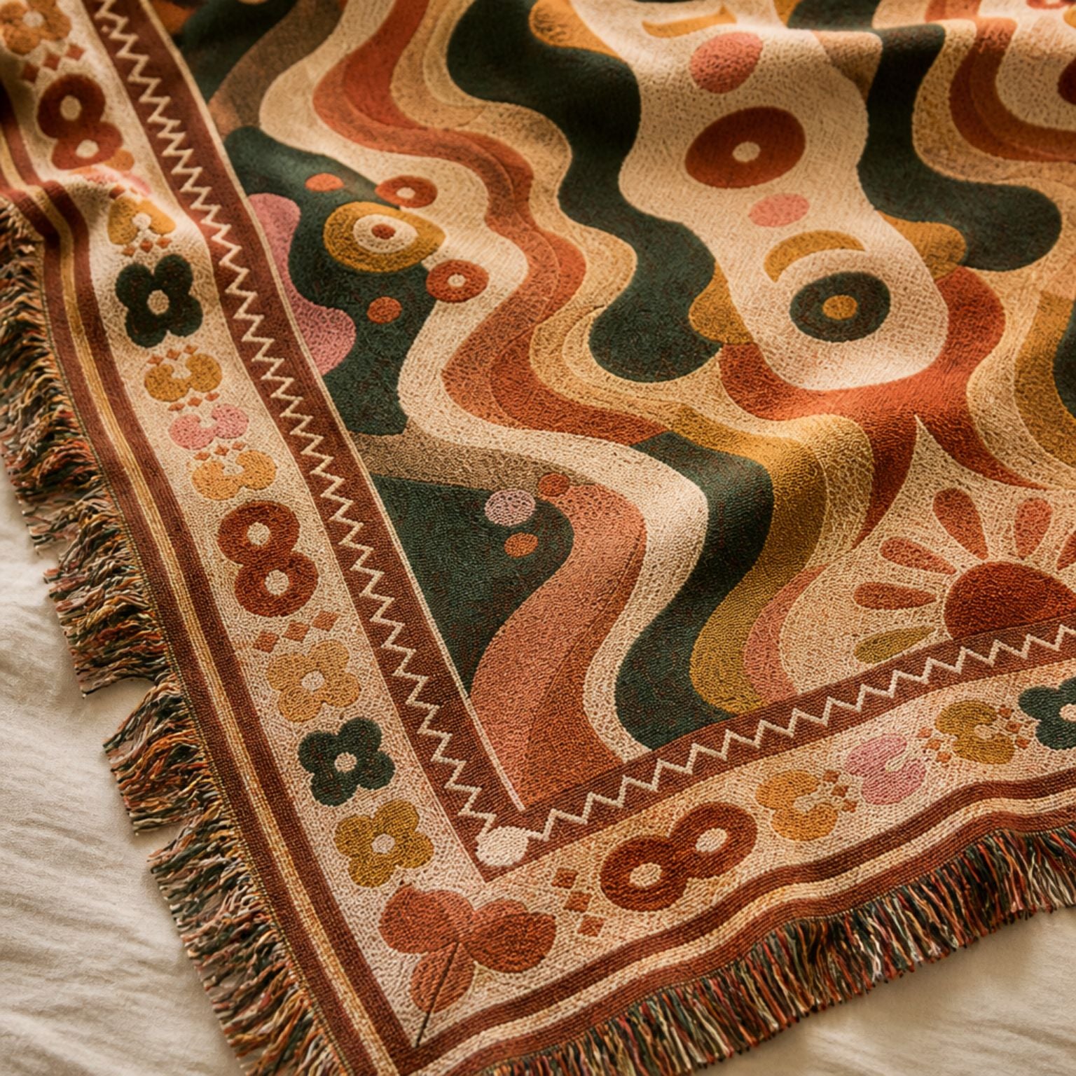 Nirvana jacquard woven throw rug — olive and rust waves, fringe detail | Solara Covers