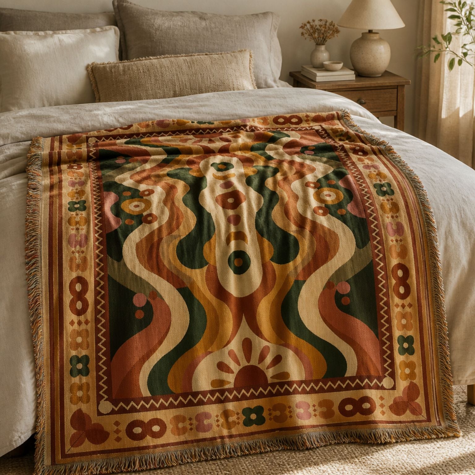 Nirvana jacquard woven throw rug — retro waves in olive and rust, alternate angle | Solara Covers