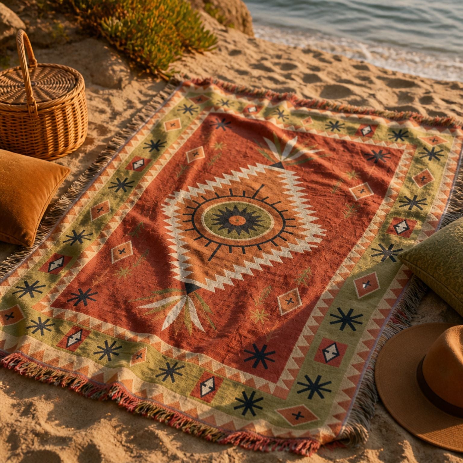 Yucca jacquard woven throw rug — Southwestern boho medallion, pattern detail | Solara Covers