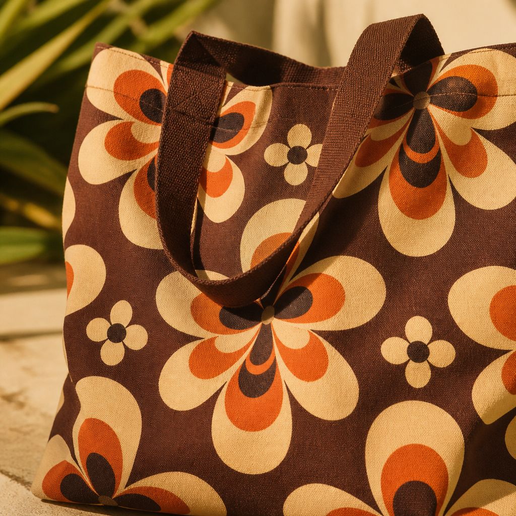 Sedona cotton-canvas tote bag — caramel ground with burnt orange and gold zigzag stripes