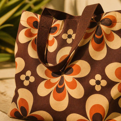 Sedona cotton-canvas tote bag — caramel ground with burnt orange and gold zigzag stripes