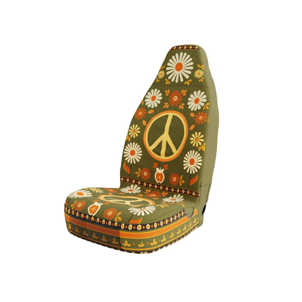 Solara Woodstock universal seat cover — olive green daisy print, side view