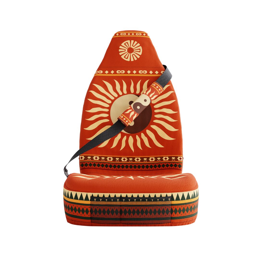 Tao padded seat belt covers — yin-yang sunburst pattern detail | Solara