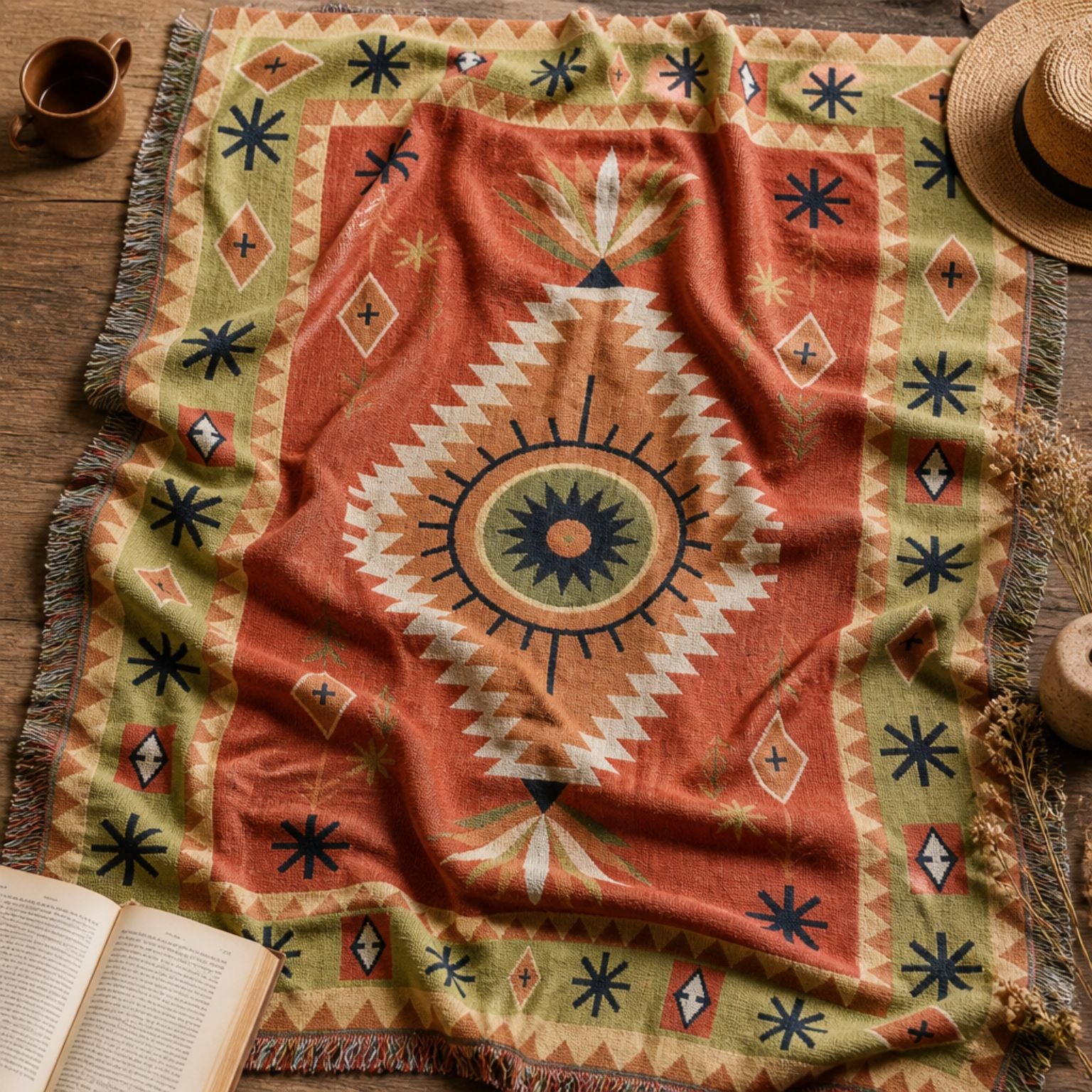 Yucca jacquard woven throw rug — terracotta and olive, fringe detail | Solara Covers