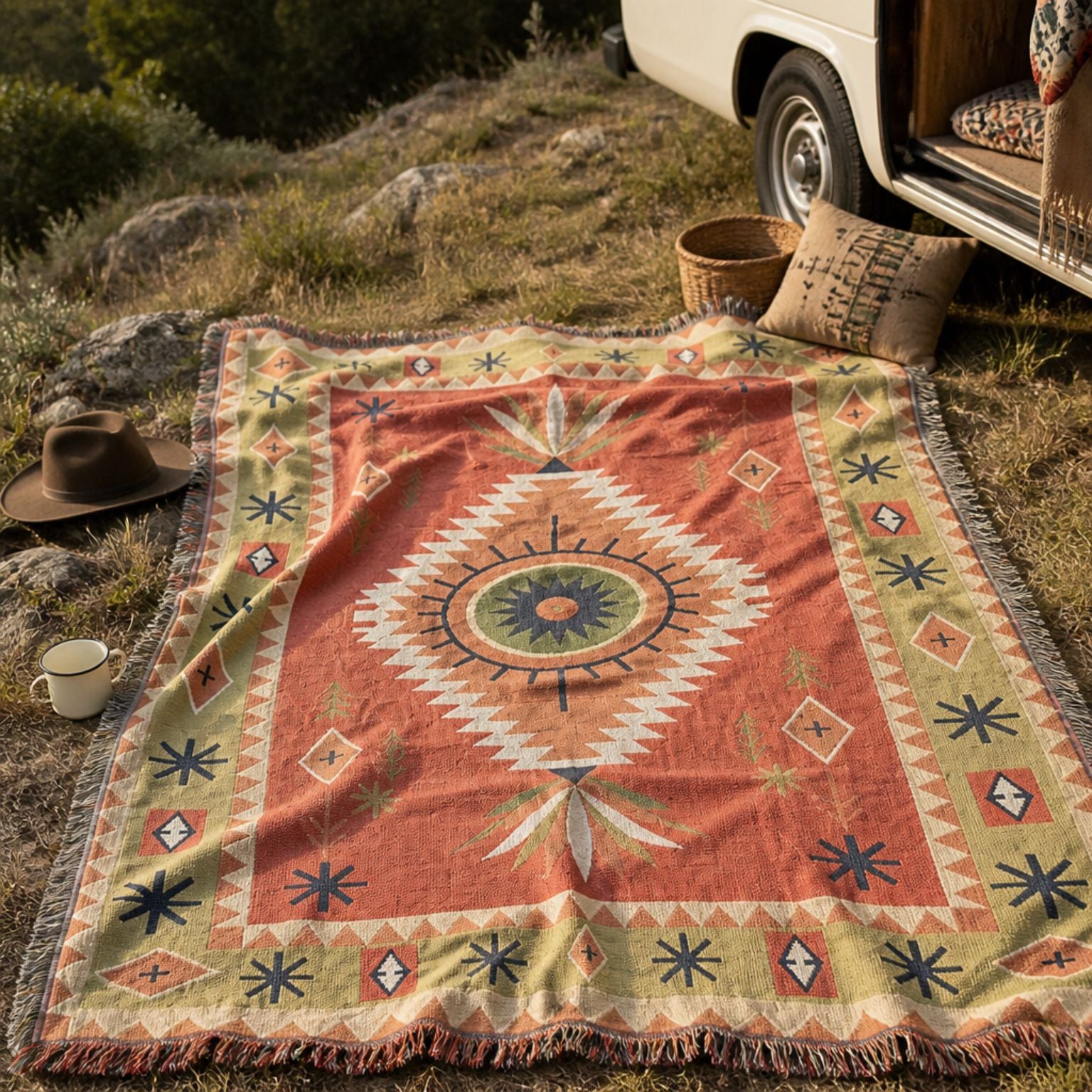Yucca jacquard woven throw rug — Southwestern boho rug styled lifestyle shot | Solara Covers
