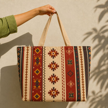 Sonora tote bag held against a sunlit wall — desert kilim stripes in rust, cream and navy
