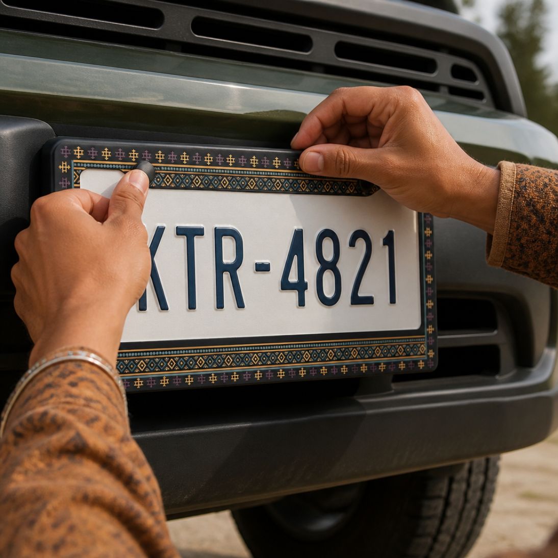 Lima license plate frames — navy and gold zinc alloy frame, angle view | Solara