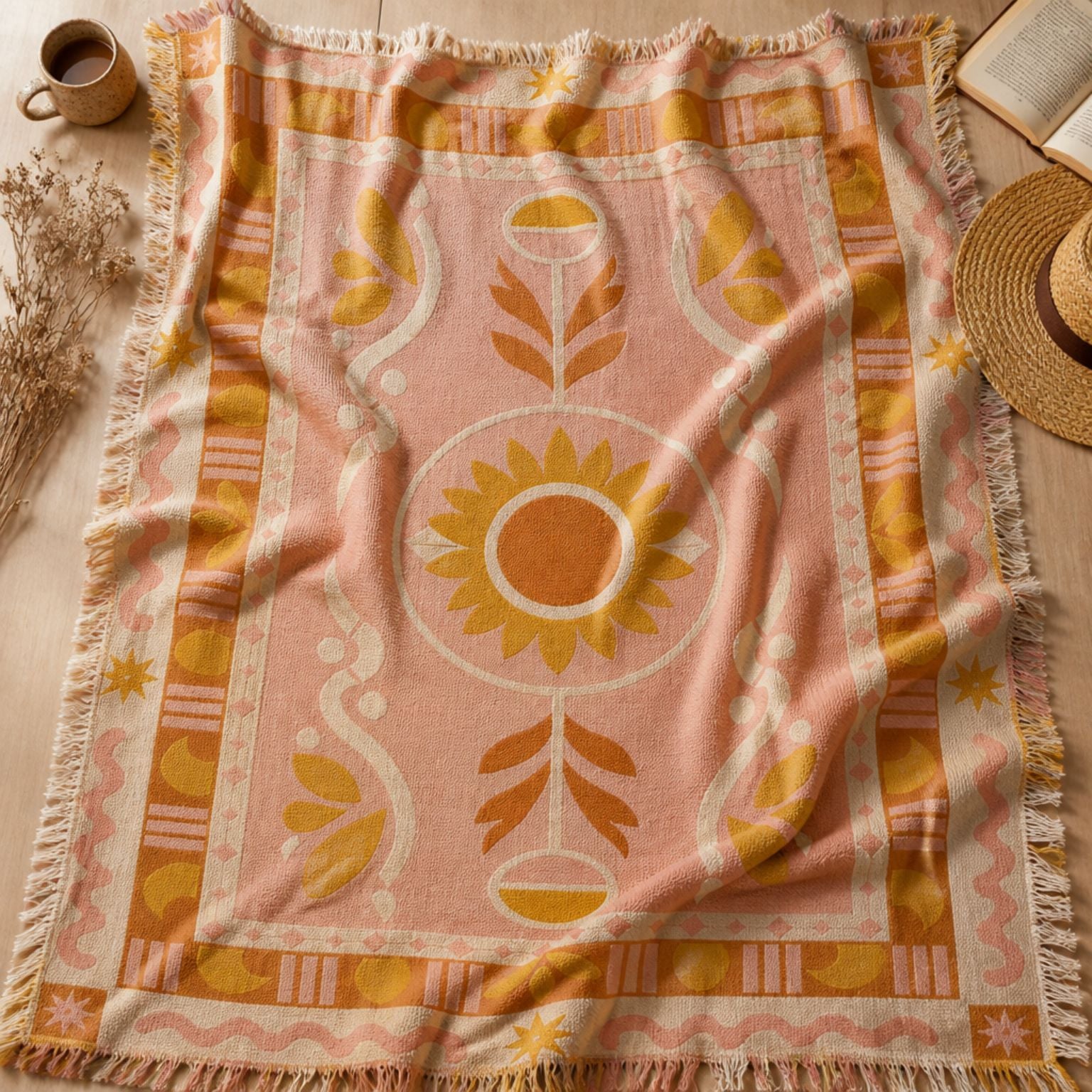 Dahlia jacquard woven throw rug — dusty rose floral, fringe detail | Solara Covers