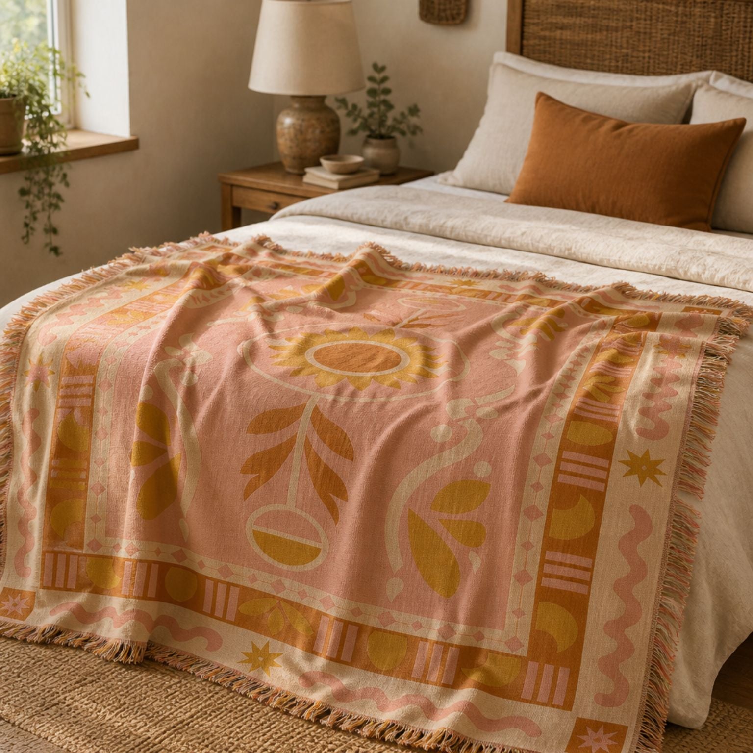 Dahlia jacquard woven throw rug — boho floral rug styled lifestyle shot | Solara Covers
